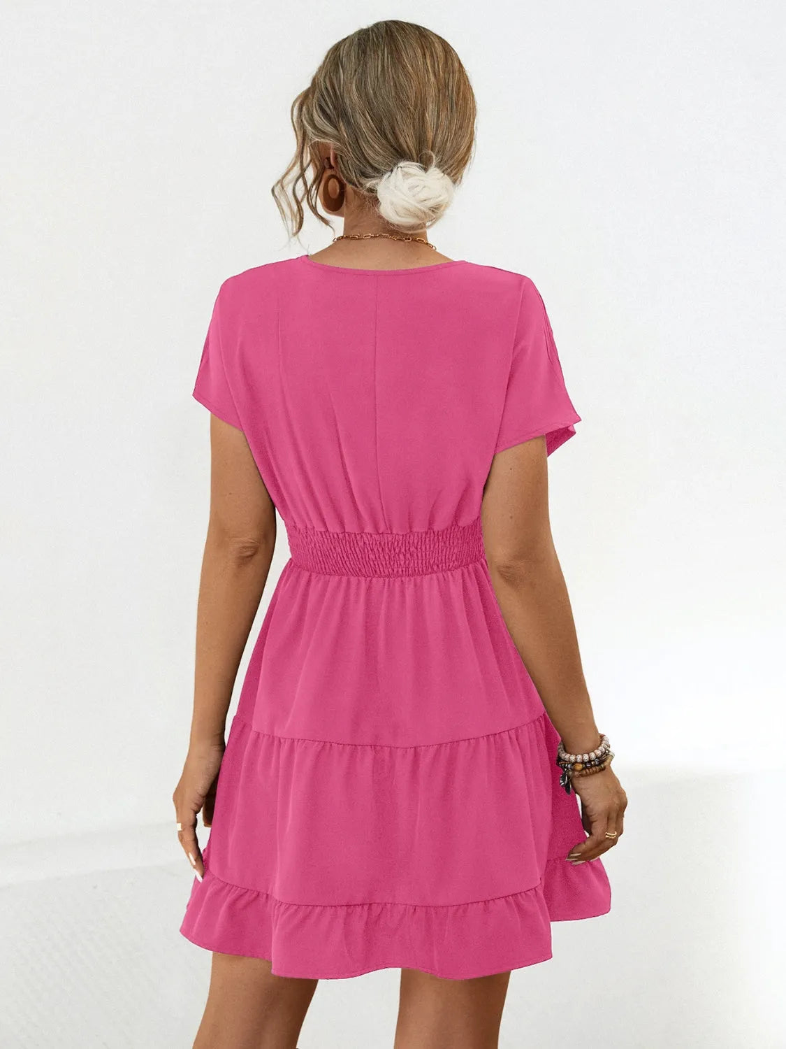 Ruffled Smocked V-Neck Tiered Dress Casual Dresses - Tophatter Daily Deals