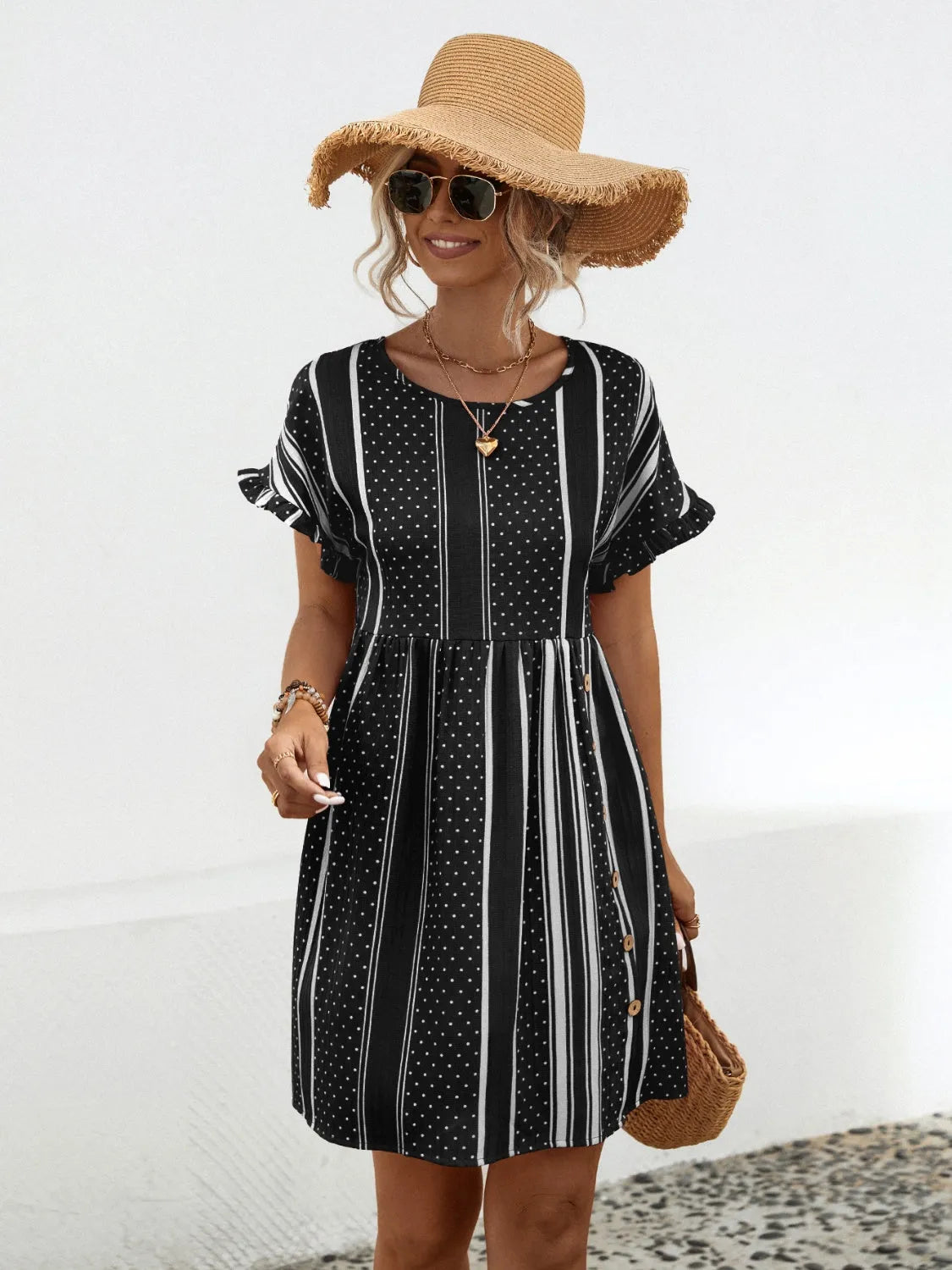 Striped Polka Dot Frill Short Sleeve Mini Dress Black Casual Dresses - Tophatter Daily Deals