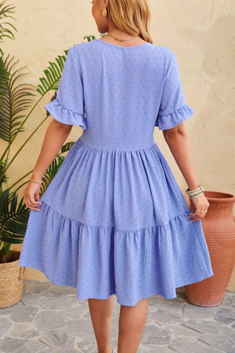 Swiss Dot Ruffled V-Neck Tiered Dress Casual Dresses - Tophatter Daily Deals