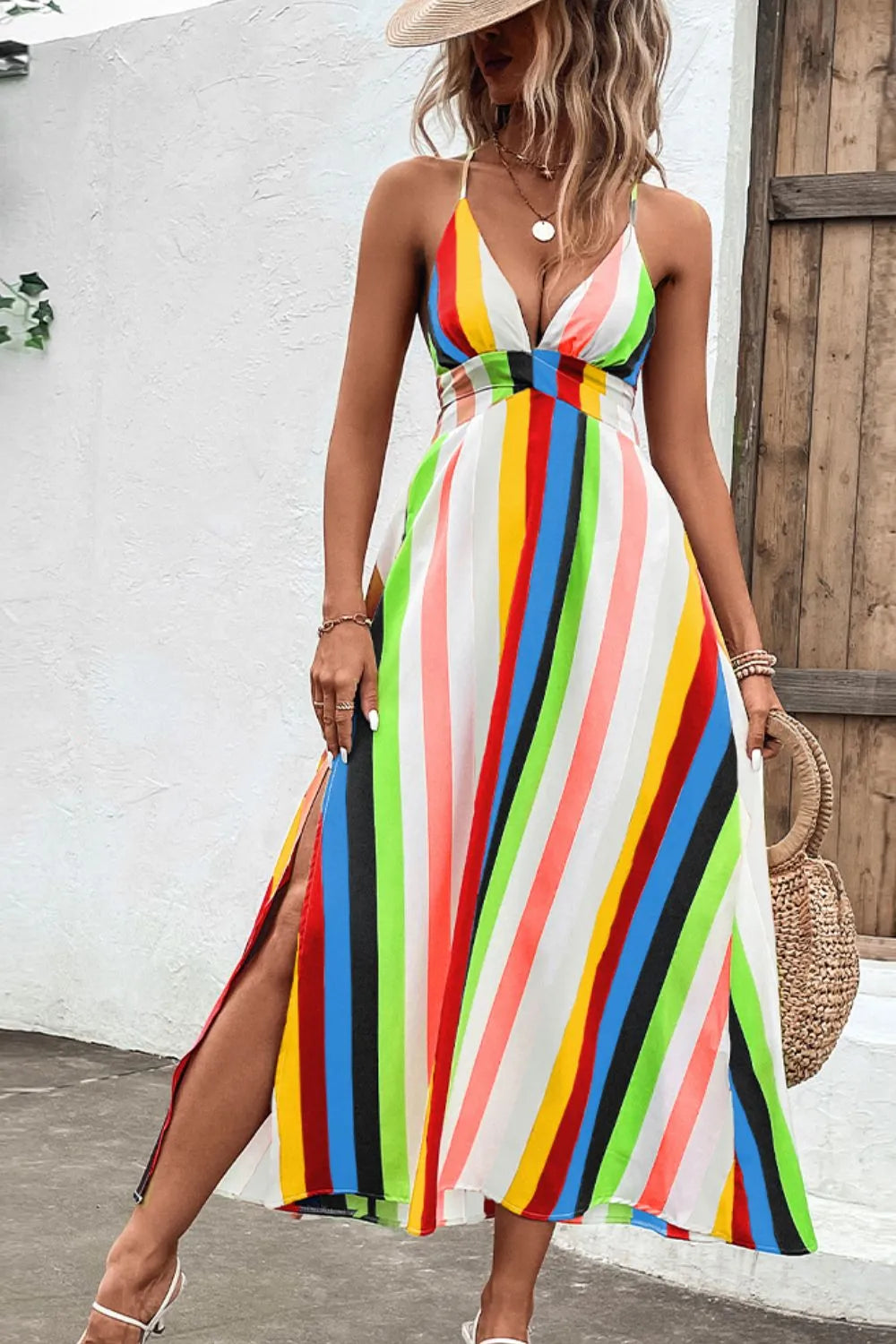 Multicolored Stripe Crisscross Backless Dress Casual Dresses - Tophatter Daily Deals