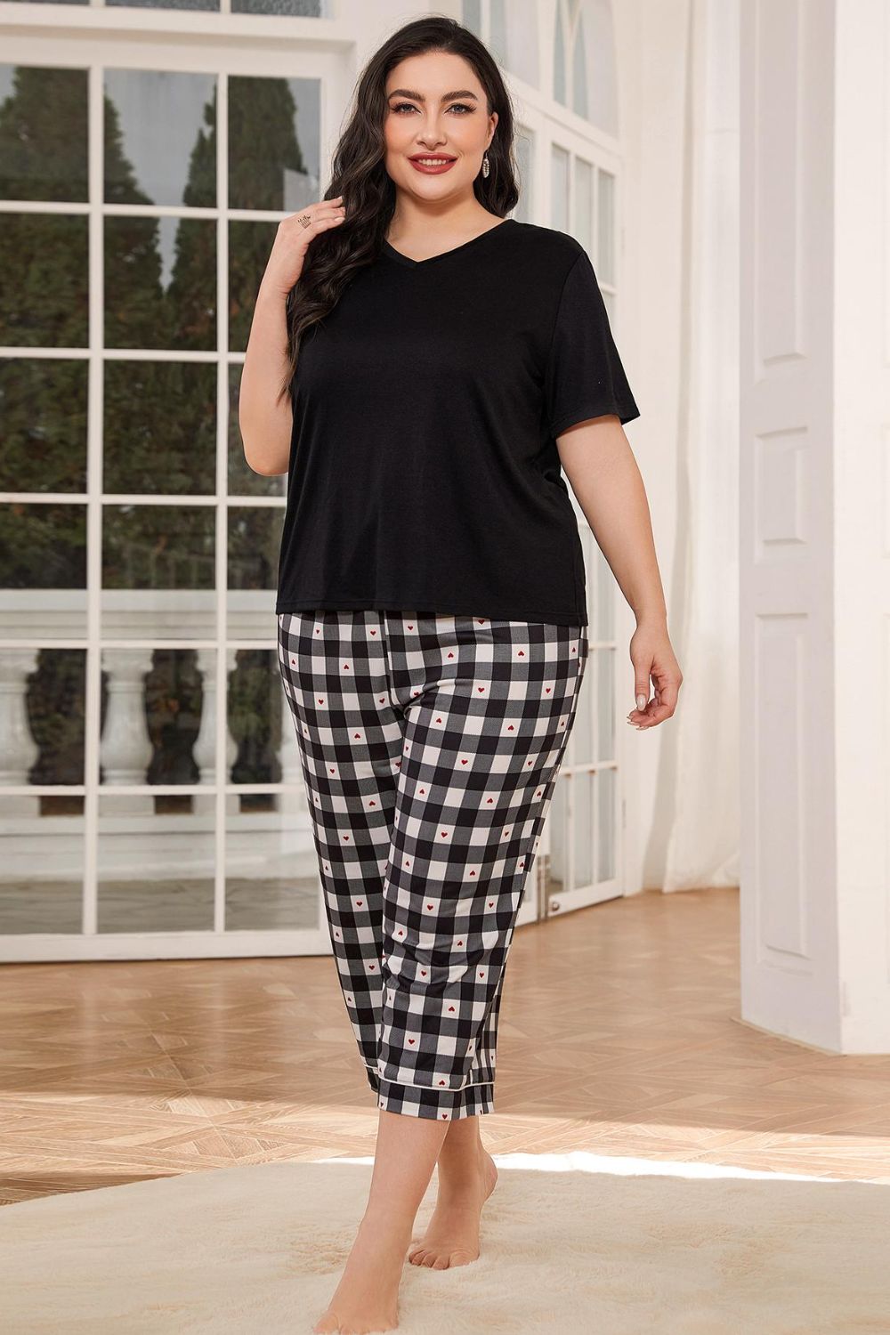 V-Neck Tee and Plaid Cropped Pants Lounge Set - Tophatter Deals