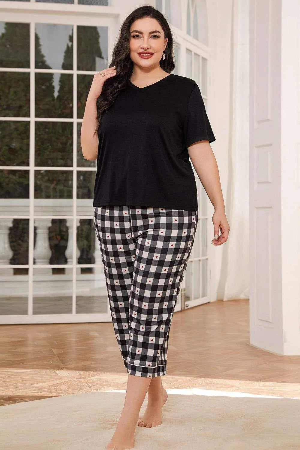 V-Neck Tee and Plaid Cropped Pants Lounge Set Black Loungewear Sets - Tophatter Daily Deals