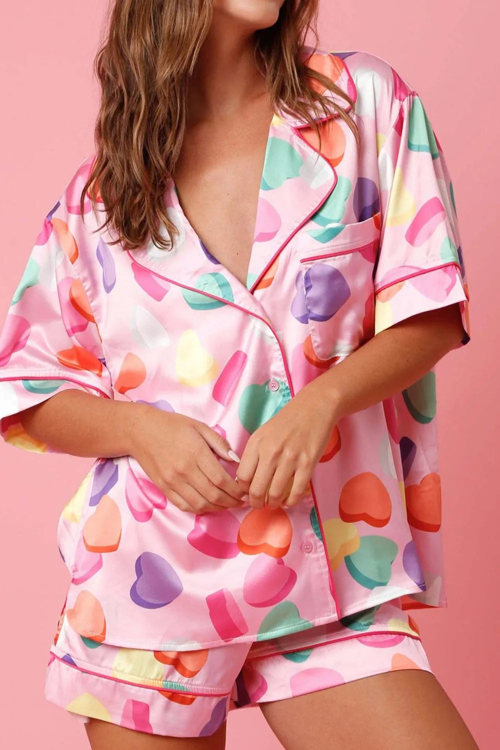 Pink Full Pattern Shirt and Shorts Satin Pajama Set Pink 100%Polyester Loungewear & Sleepwear/Sleepwear - Tophatter Daily Deals