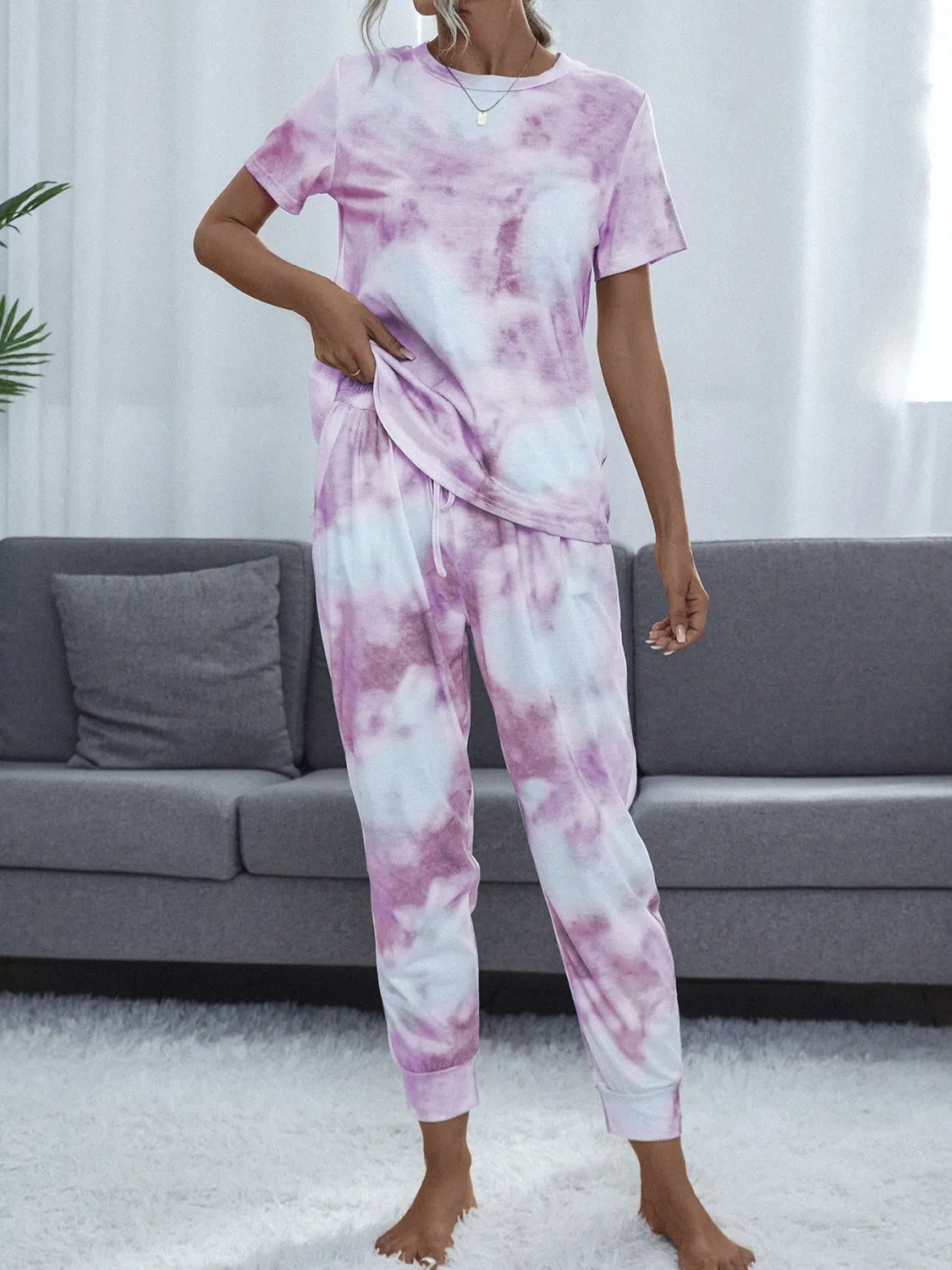 Tie-Dye Round Neck Top and Pants Lounge Set Blush Pink Loungewear Sets - Tophatter Daily Deals