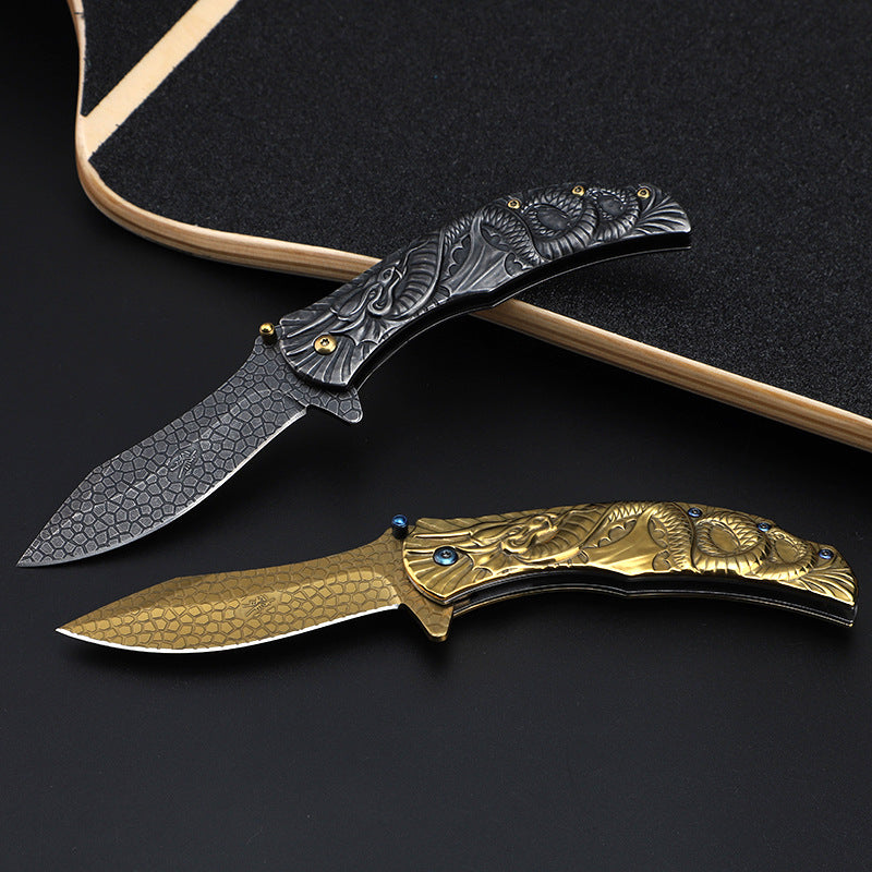 Dragon Embossed Handle Folding Knife Outdoor Camping Hunting Pocket EDC Tools - Tophatter Daily Deals
