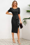 Slit Ruffled Puff Sleeve Midi Dress Casual Dresses - Tophatter Daily Deals