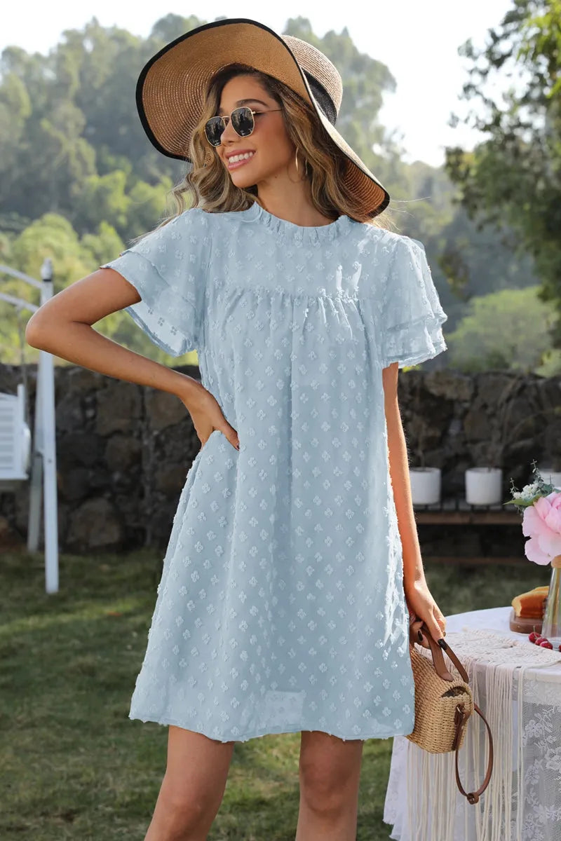 Swiss Dot Round Neck Flutter Sleeve Dress Casual Dresses - Tophatter Daily Deals