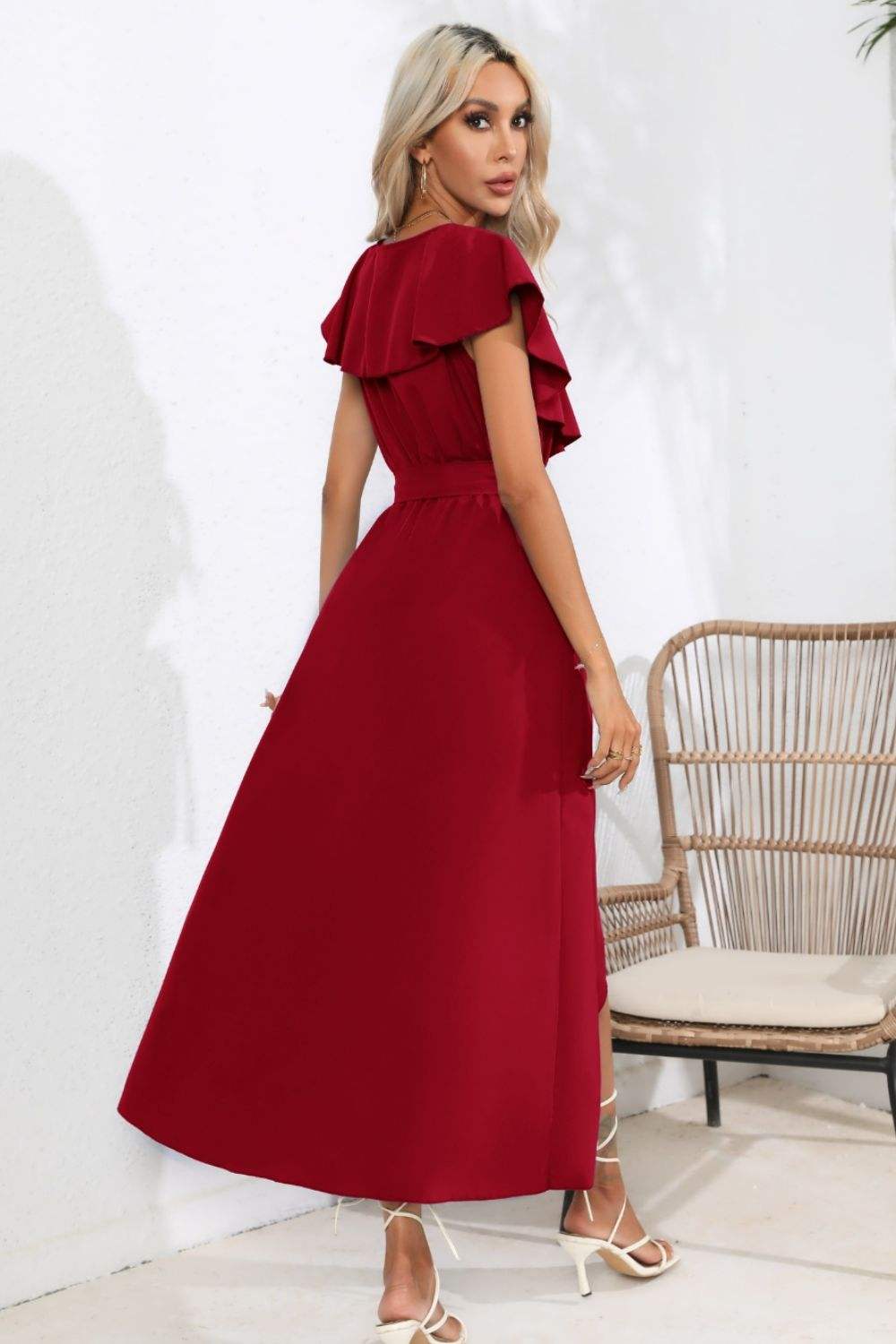 Ruffled Tied V-Neck Midi Dress Casual Dresses - Tophatter Daily Deals