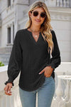 Eyelet Notched Lantern Sleeve T-Shirt Black Women's T-Shirts - Tophatter Daily Deals