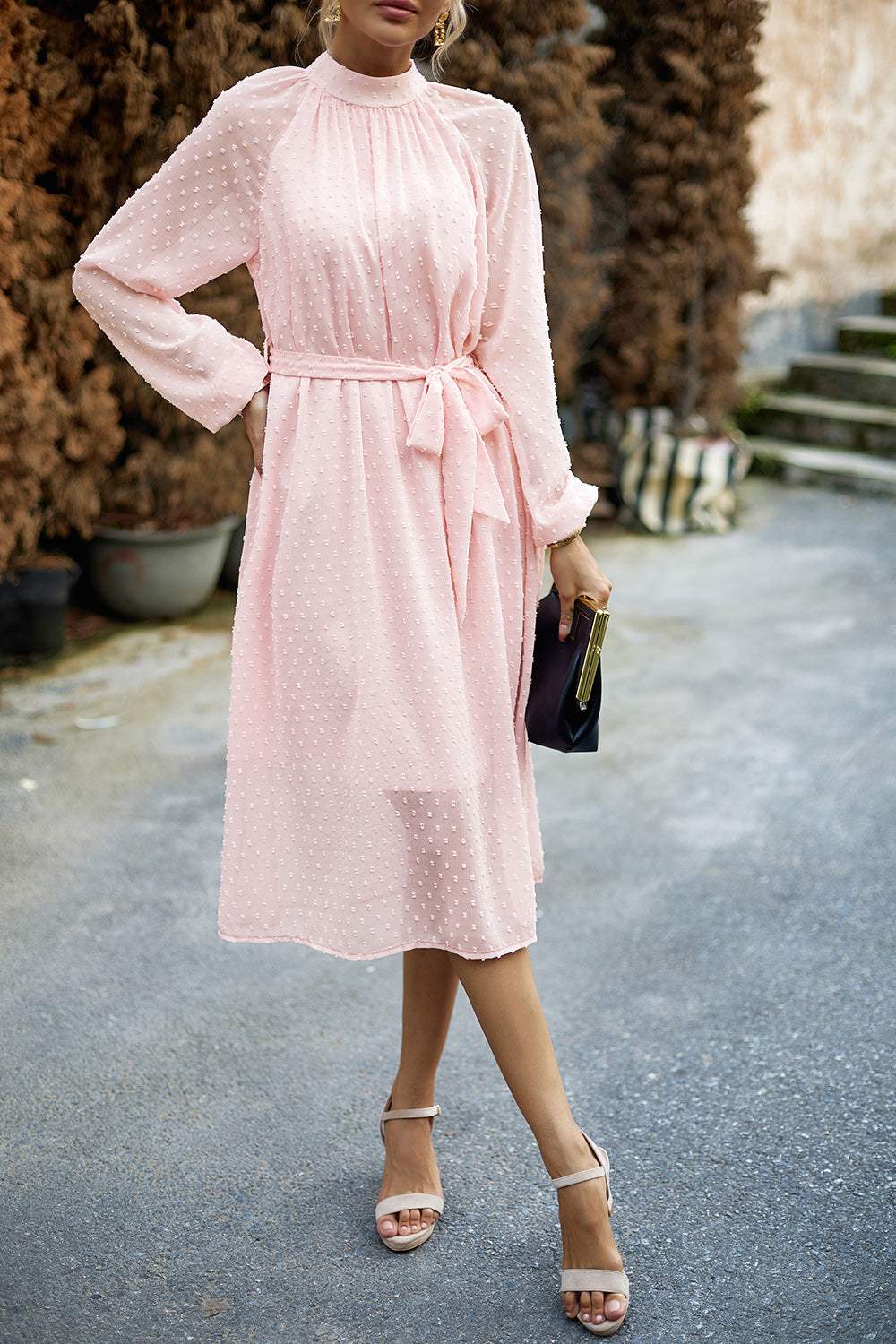 Swiss Dot Tie Waist Dress Blush Pink Casual Dresses - Tophatter Daily Deals