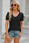 Eyelet Round Neck Flounce Sleeve T-Shirt Black Women's T-Shirts - Tophatter Daily Deals