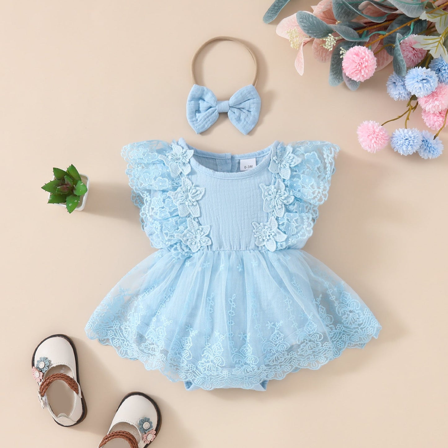 2024 Summer Baby Girl Sweet Sleeveless Lace Triangle Rompers Mesh Lace Flower Dress Sky Blue 0 - Tophatter Daily Deals