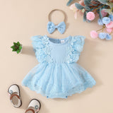 2024 Summer Baby Girl Sweet Sleeveless Lace Triangle Rompers Mesh Lace Flower Dress Sky Blue 0 - Tophatter Daily Deals