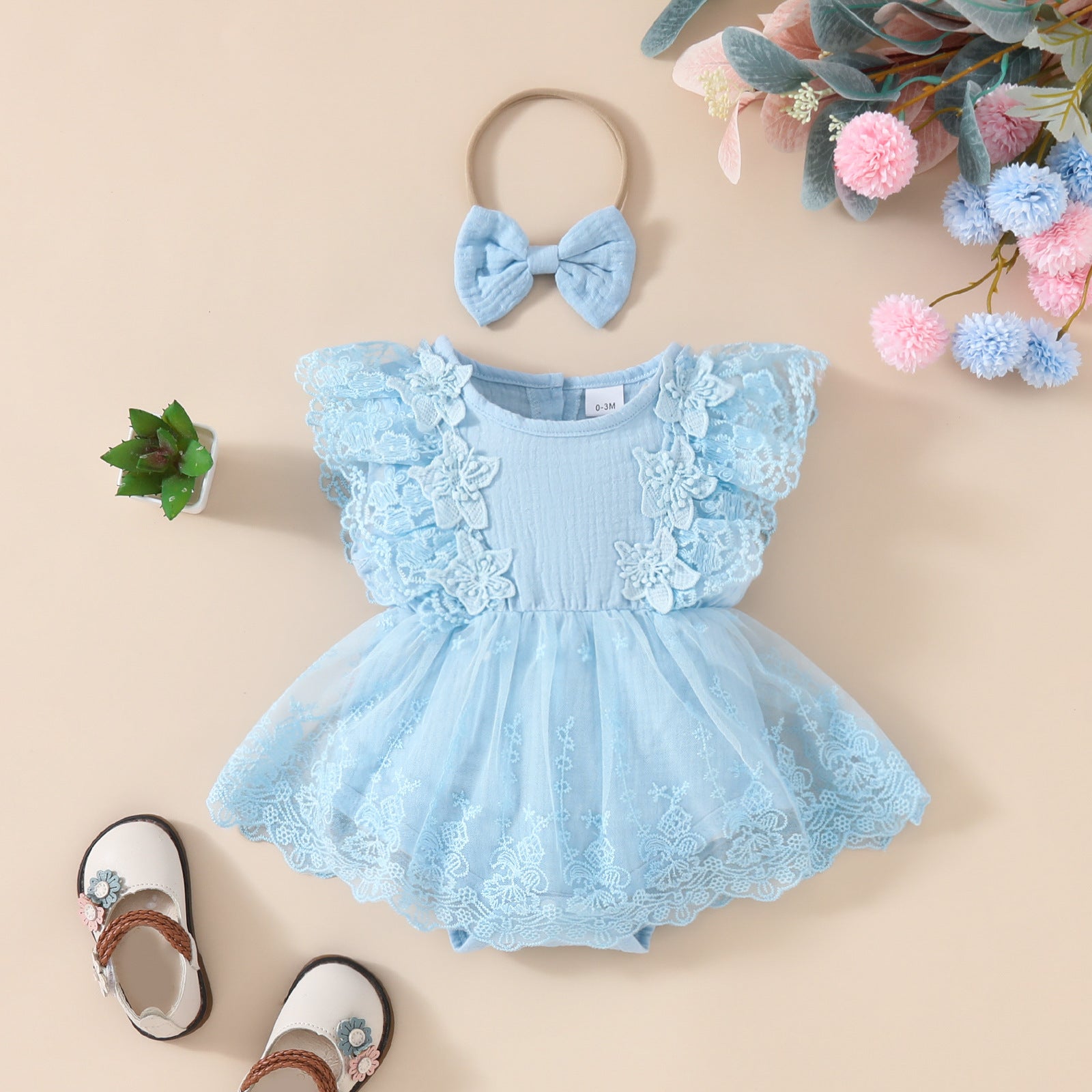 2024 Summer Baby Girl Sweet Sleeveless Lace Triangle Rompers Mesh Lace Flower Dress Sky Blue 0 - Tophatter Daily Deals