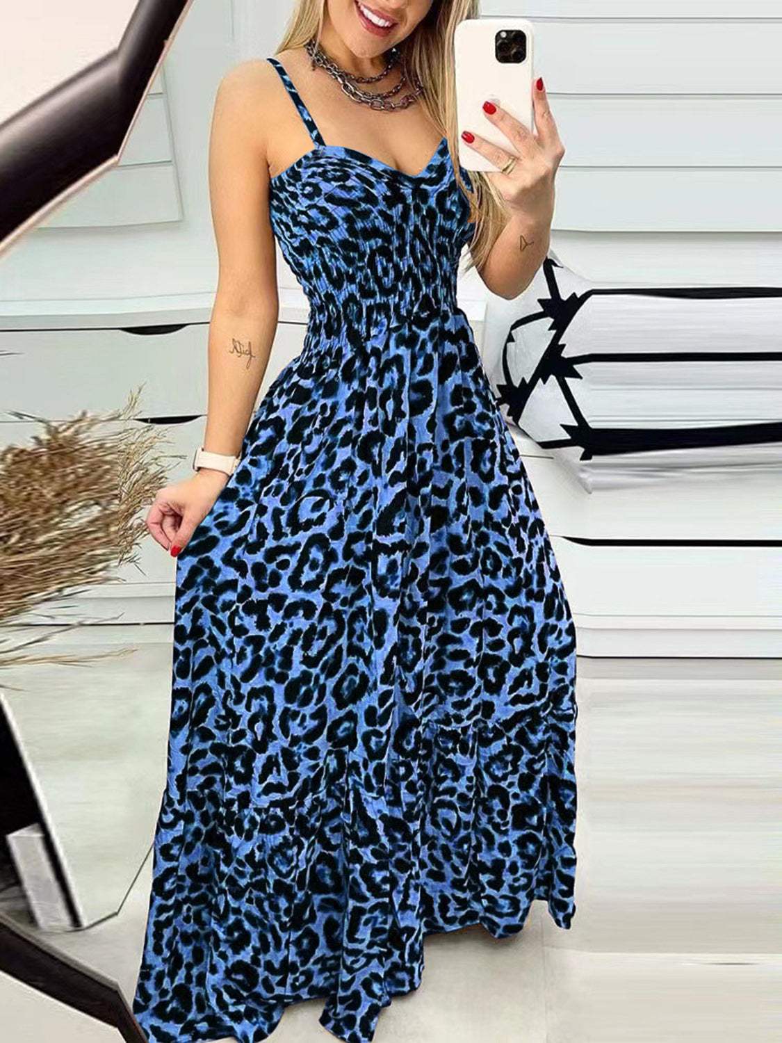 Leopard Sweetheart Neck Cami Dress Royal Blue Casual Dresses - Tophatter Daily Deals