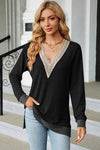 Slit V-Neck Long Sleeve T-Shirt Black Women's T-Shirts - Tophatter Daily Deals