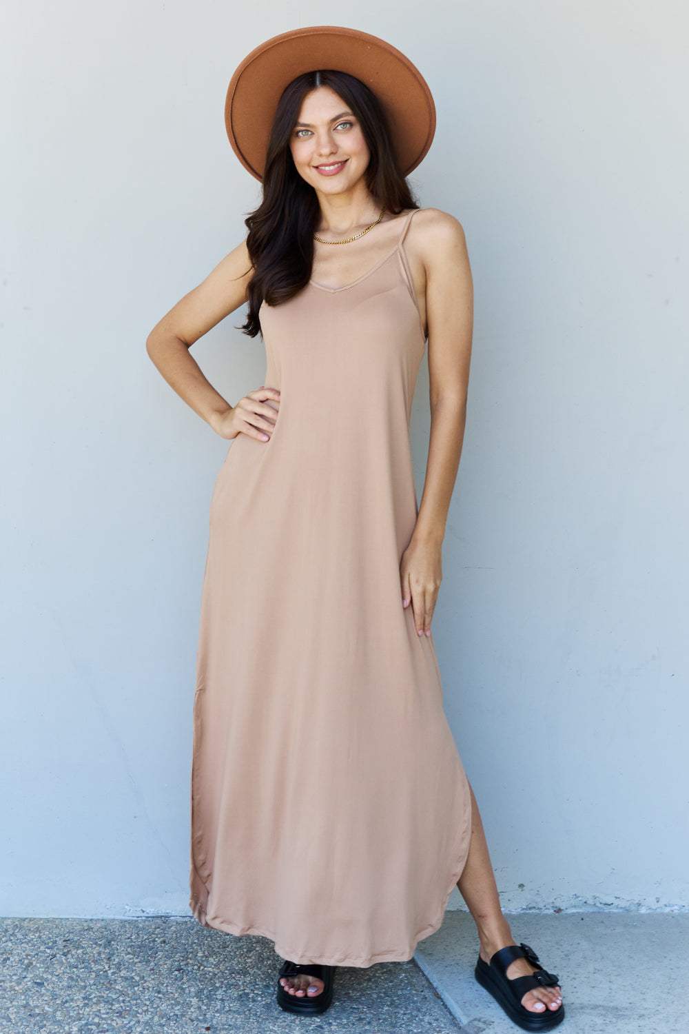 Ninexis Good Energy Full Size Cami Side Slit Maxi Dress in Camel Camel Casual Dresses - Tophatter Daily Deals