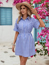 Striped Half Button Short Sleeve Midi Dress Ultra marine Casual Dresses - Tophatter Daily Deals