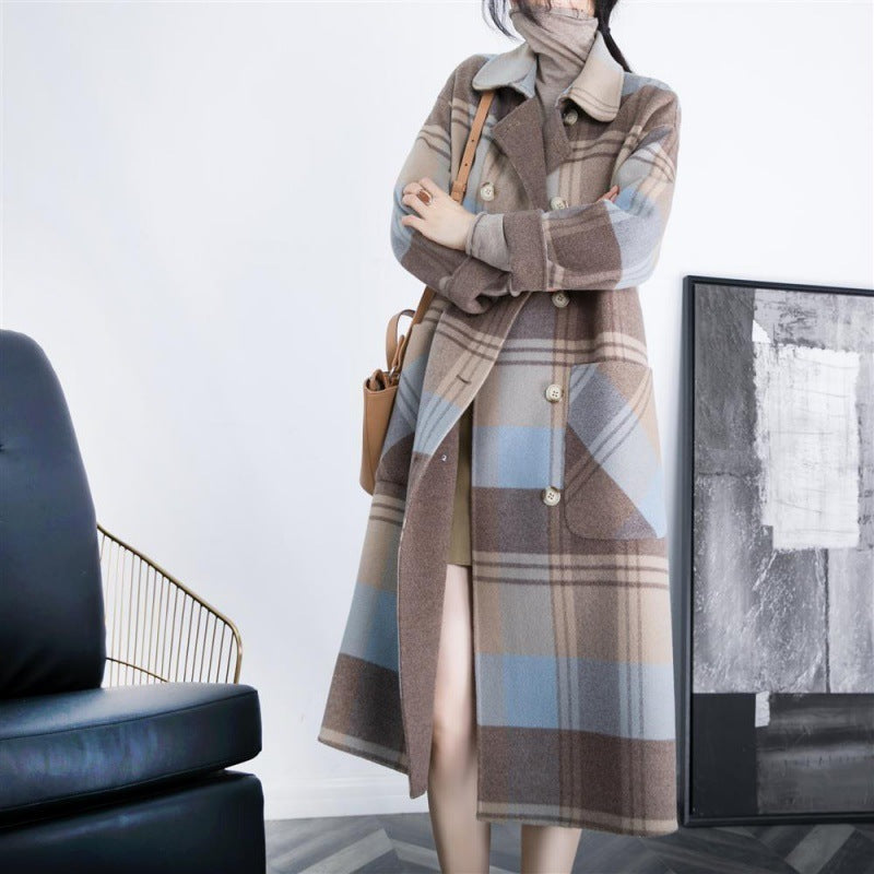 Warm Women's Checked Wool Mid-Length Coat - Double-Breasted 3D Changing Face Moving Picture Frame - Tophatter Daily Deals