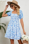 Smocked Printed Flounce Sleeve Mini Dress Pastel Blue Casual Dresses - Tophatter Daily Deals