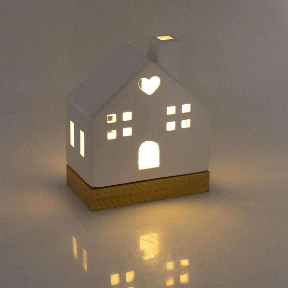 White Ceramic LED Christmas House Ornament On Bamboo Base | Light up Decoration Ornament - Tophatter Daily Deals