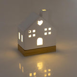 White Ceramic LED Christmas House Ornament On Bamboo Base | Light up Decoration Ornament - Tophatter Daily Deals