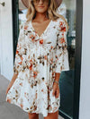 Floral V-Neck Three-Quarter Sleeve Dress White Casual Dresses - Tophatter Daily Deals