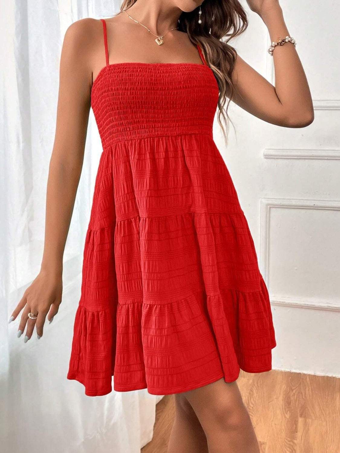 Tiered Smocked Square Neck Cami Dress Casual Dresses - Tophatter Daily Deals