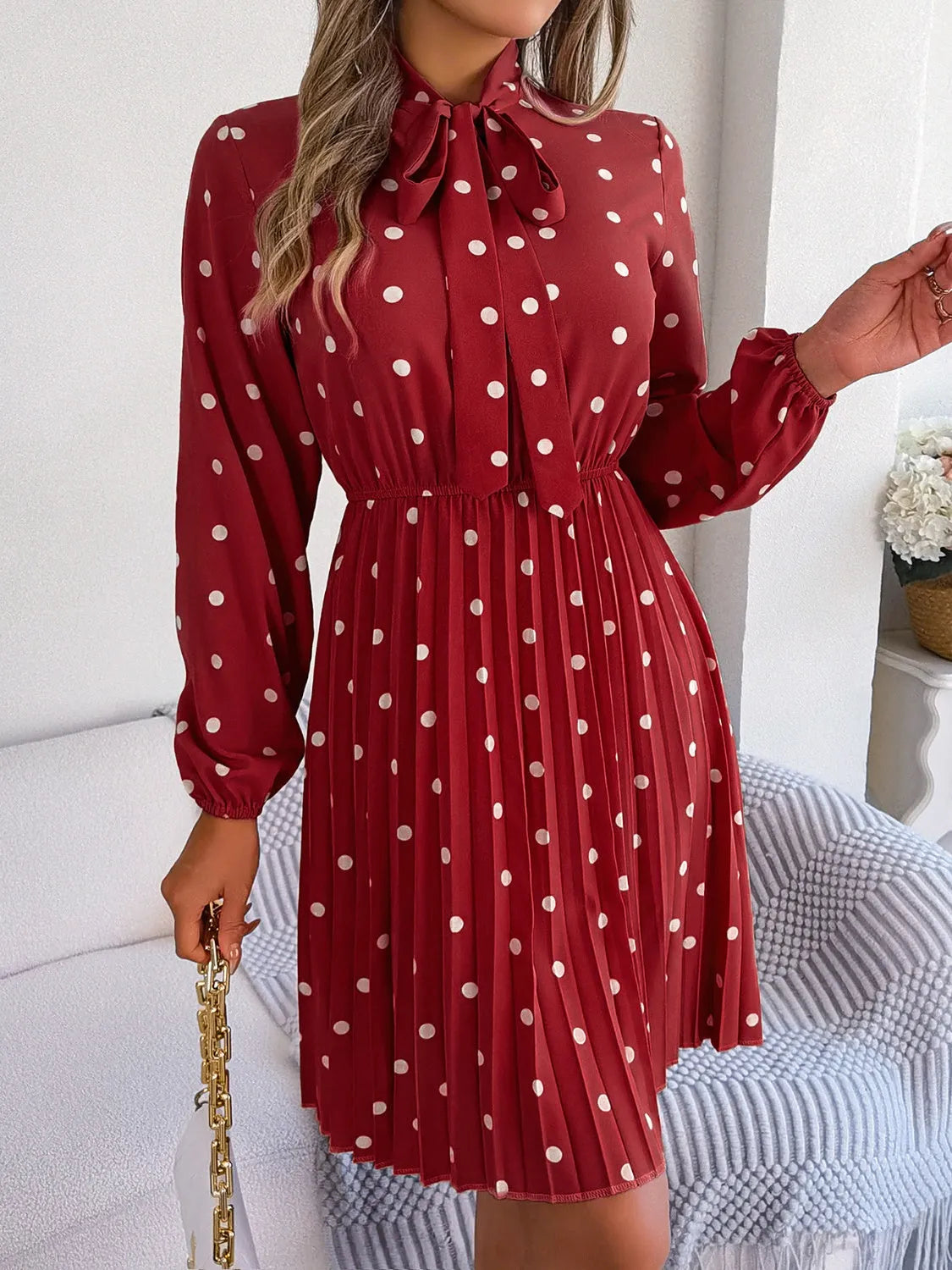 Polka Dot Tie Neck Pleated Dress Casual Dresses - Tophatter Daily Deals