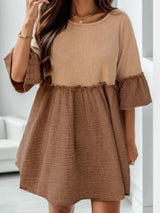 Frill Round Neck Half Sleeve Dress Camel Casual Dresses - Tophatter Daily Deals