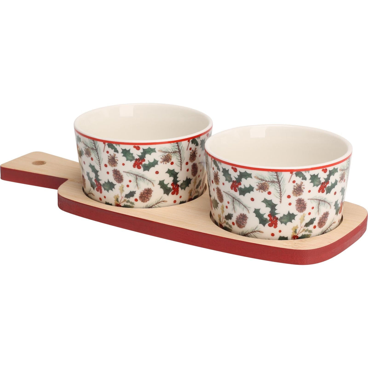 Christmas Mistletoe Serving Set | 2 Ceramic Snack Bowls with Bamboo Paddle Tray Bowl - Tophatter Daily Deals