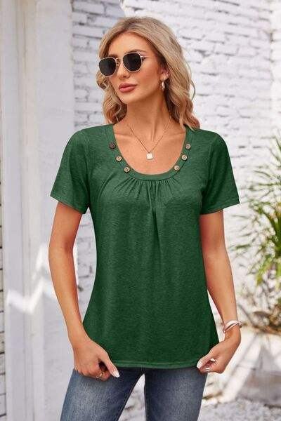 Decorative Button Scoop Neck T-Shirt Green Women's T-Shirts - Tophatter Daily Deals