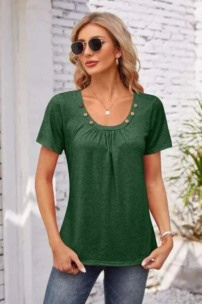 Decorative Button Scoop Neck T-Shirt Green Women's T-Shirts - Tophatter Daily Deals