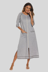 Zip Up Slit Round Neck Night Dress with Pockets Sleep Dresses - Tophatter Daily Deals
