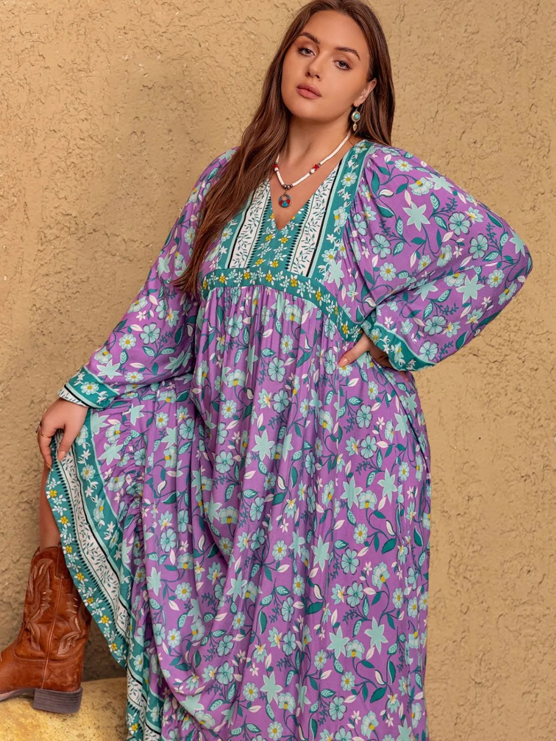 Plus Size Printed V-Neck Long Sleeve Maxi Dress Casual Dresses - Tophatter Daily Deals