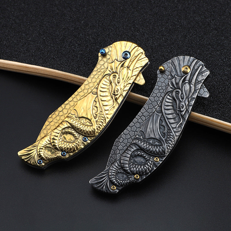 Dragon Embossed Handle Folding Knife Outdoor Camping Hunting Pocket EDC Tools - Tophatter Daily Deals
