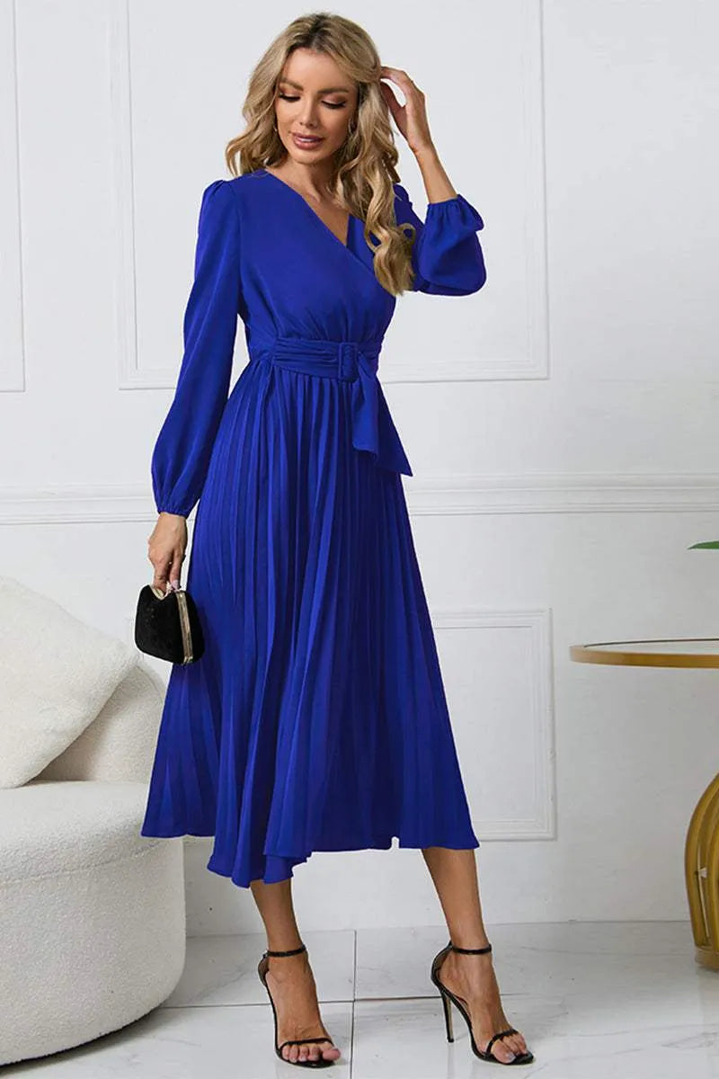 V-Neck Long Sleeve Tie Waist Midi Dress Royal Blue Casual Dresses - Tophatter Daily Deals