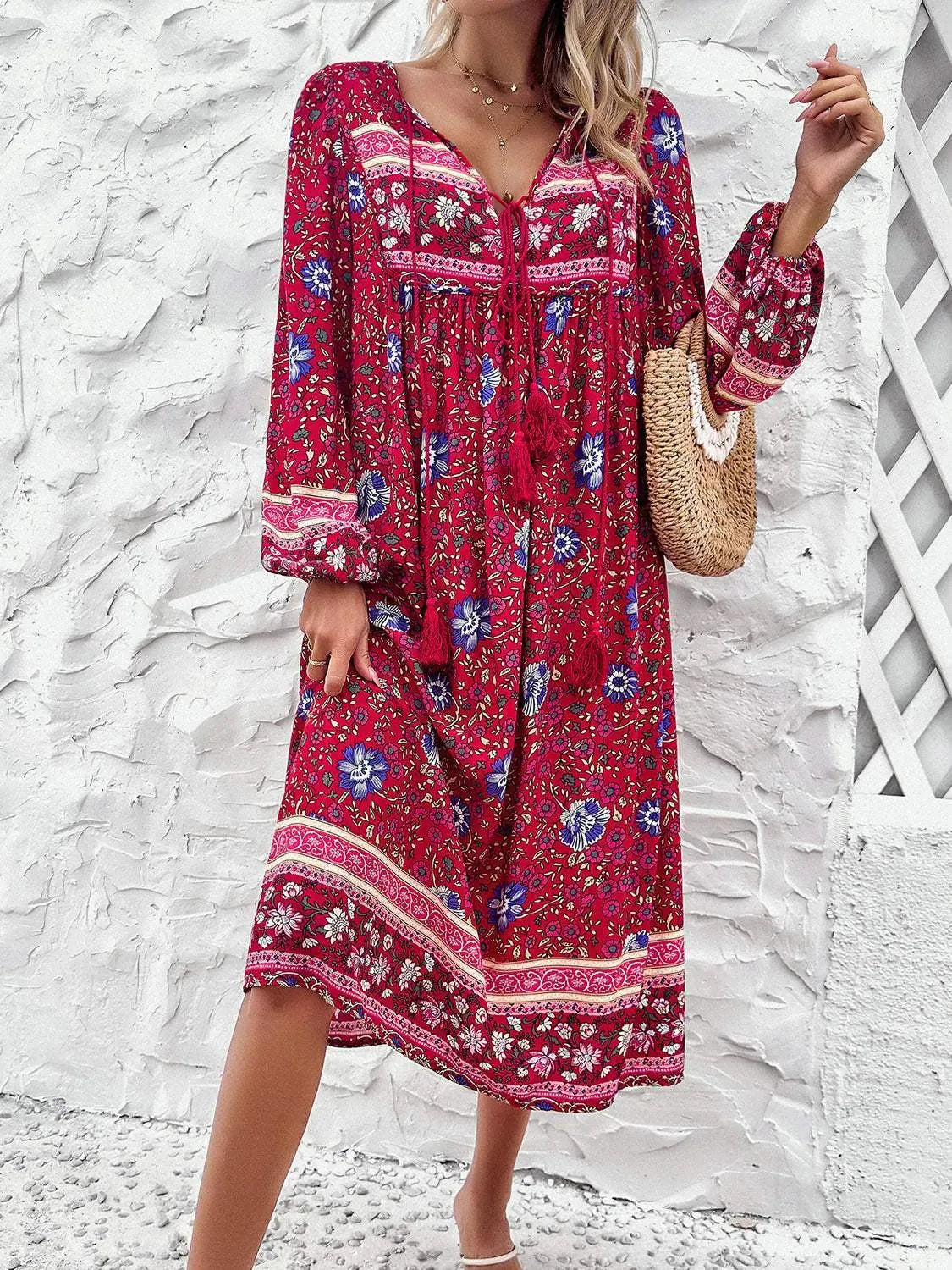 Tassel Tied Printed Long Sleeve Dress Red Casual Dresses - Tophatter Daily Deals