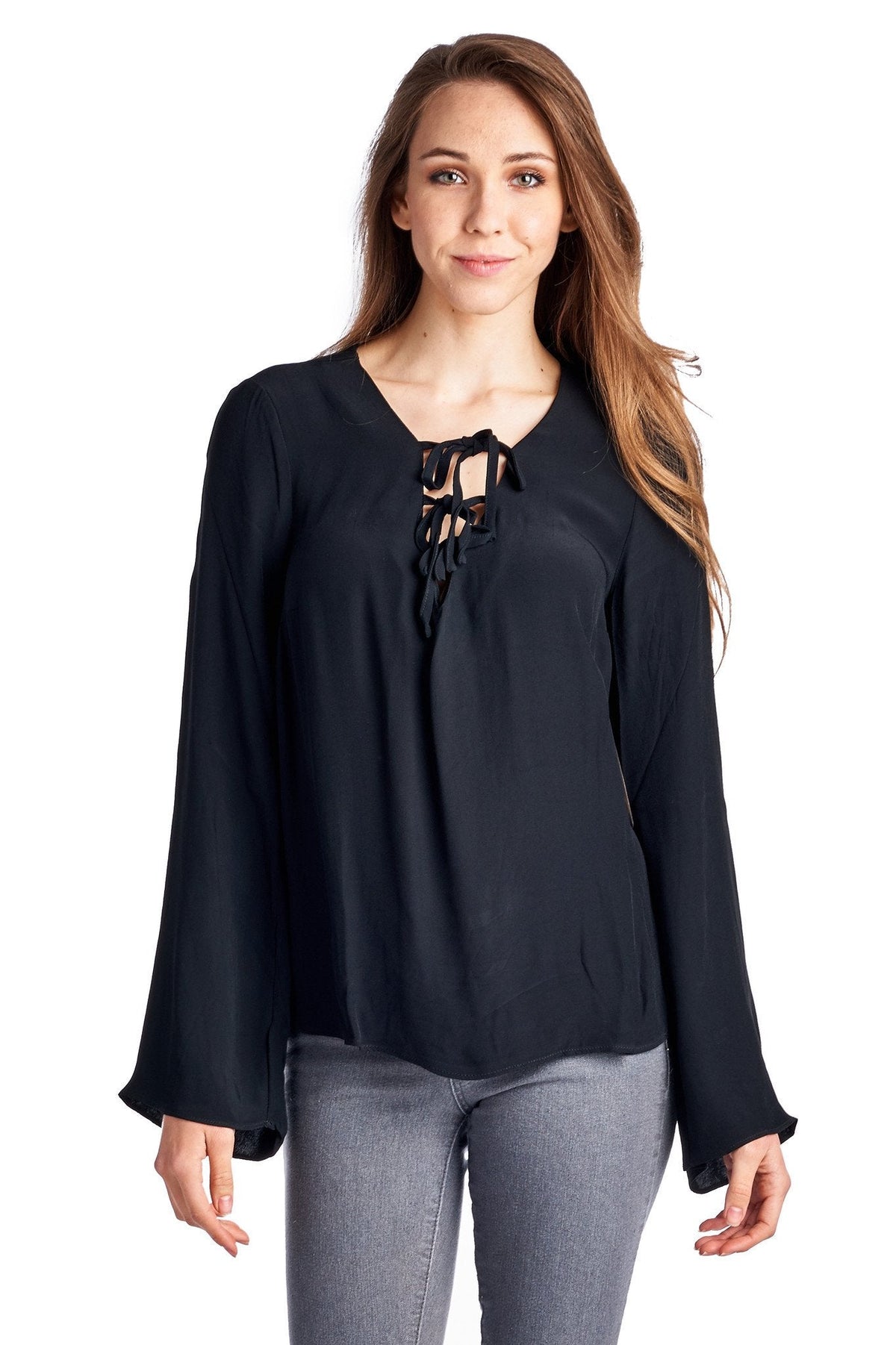 Women's Lace-Up Bell-Sleeve Top Black Tops - Tophatter Daily Deals