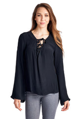 Women's Lace-Up Bell-Sleeve Top Black Tops - Tophatter Daily Deals