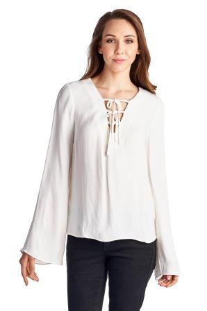 Women's Lace-Up Bell-Sleeve Top Cream 1 Tops - Tophatter Daily Deals