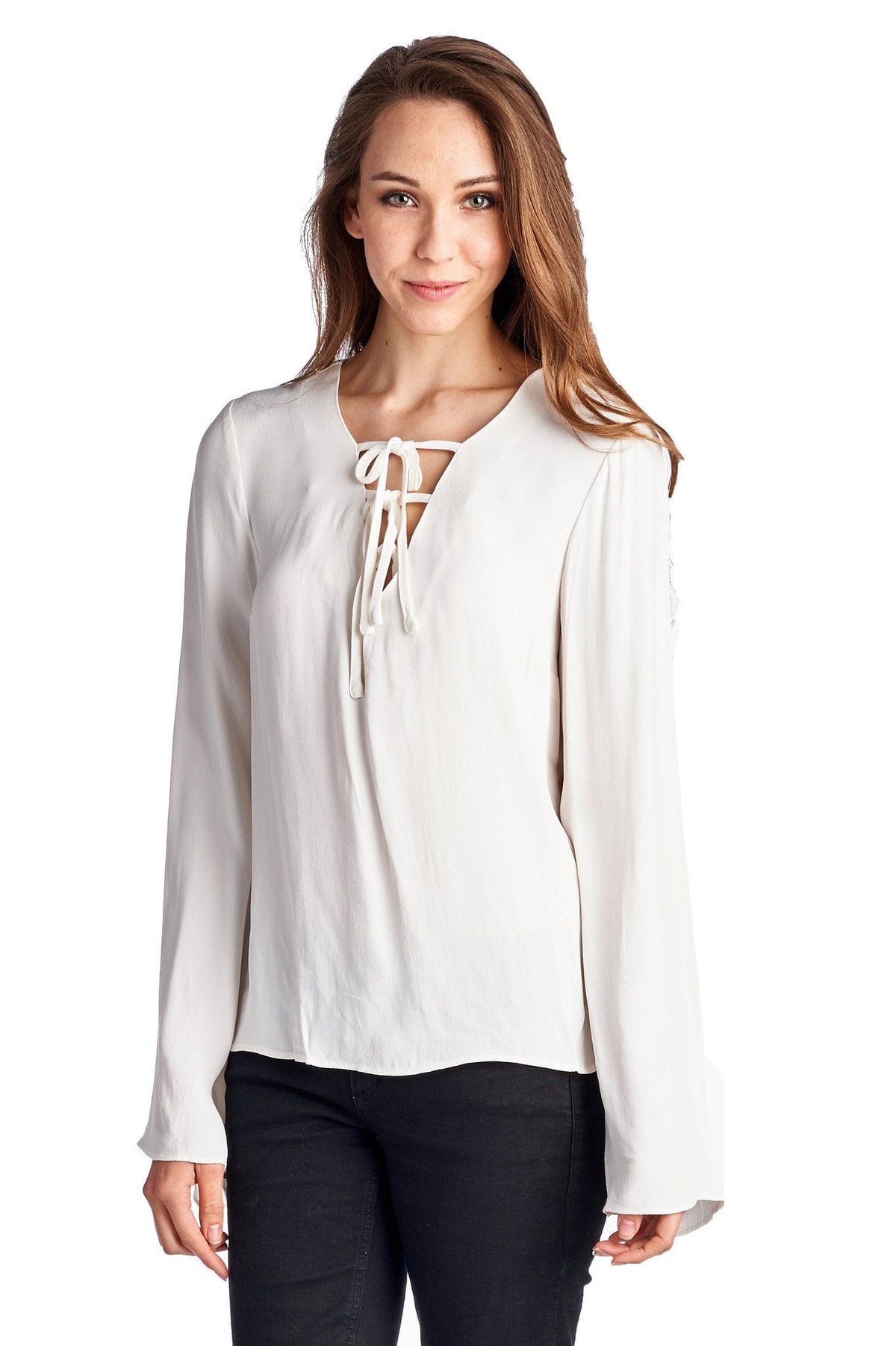 Women's Lace-Up Bell-Sleeve Top Tops - Tophatter Daily Deals