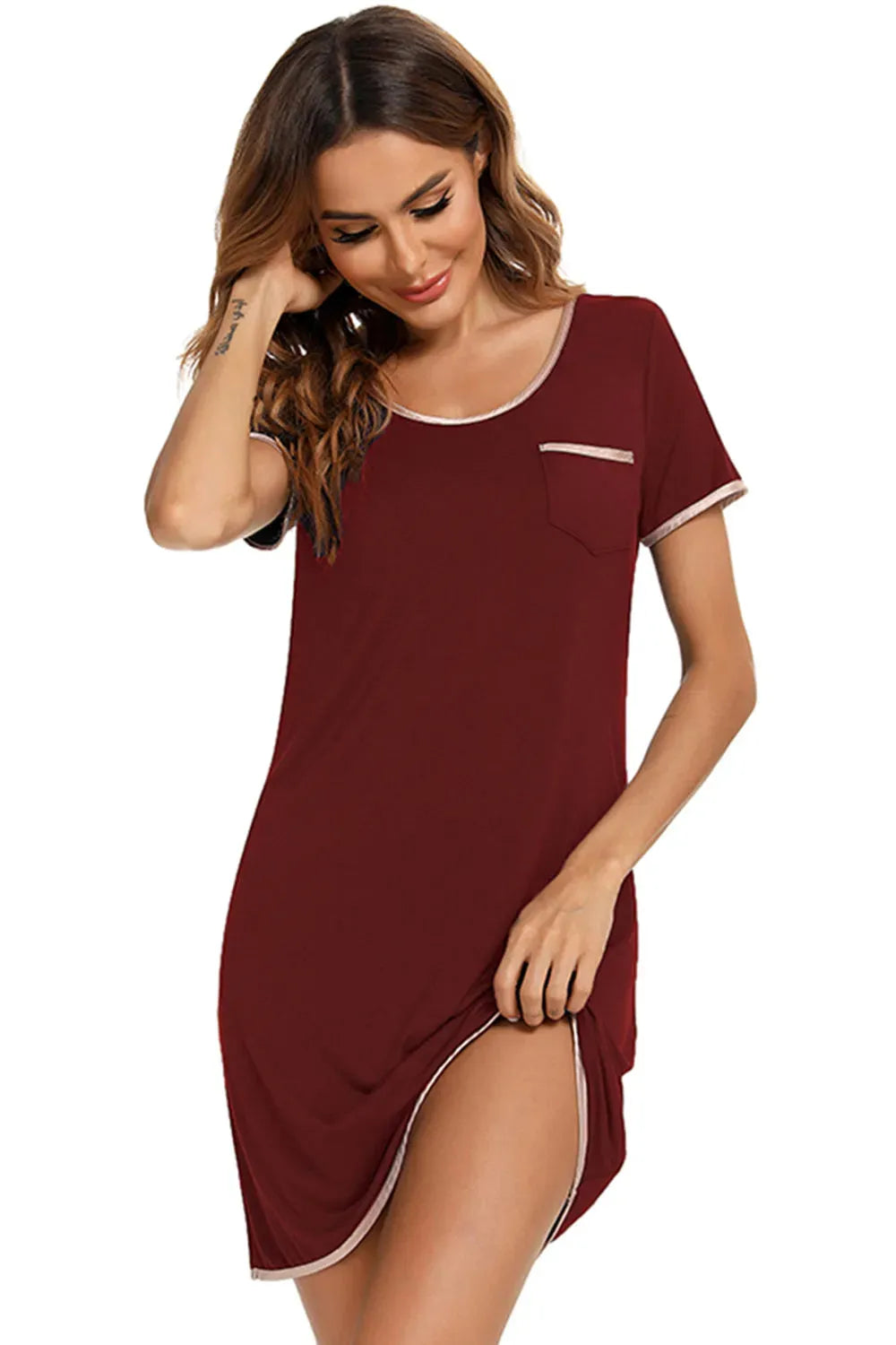 Contrast Trim Pocketed Round Neck Lounge Dress Sleep Dresses - Tophatter Daily Deals