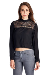 Women's Black Panel Long Sleeve Crop Top Tops - Tophatter Daily Deals