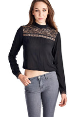 Women's Black Panel Long Sleeve Crop Top Tops - Tophatter Daily Deals