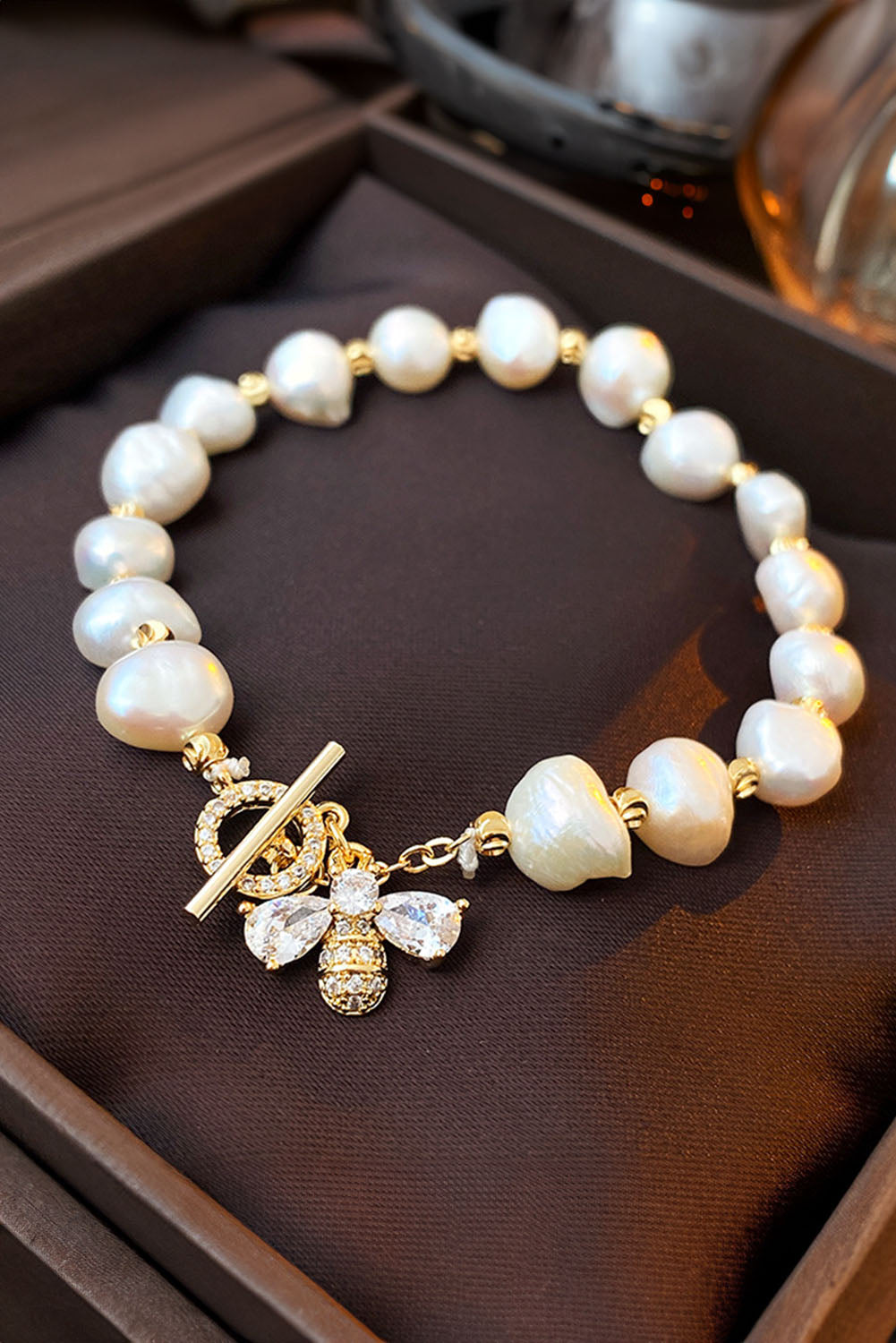 White Vintage Bee Rhinestone Baroque Pearl Bracelet Bracelets - Tophatter Daily Deals