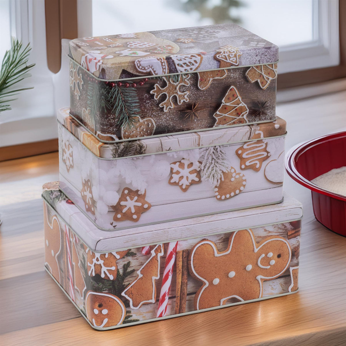 Set of 3 Gingerbread Christmas Storage Tins | Festive Rectangle Nesting Tins Tin - Tophatter Daily Deals