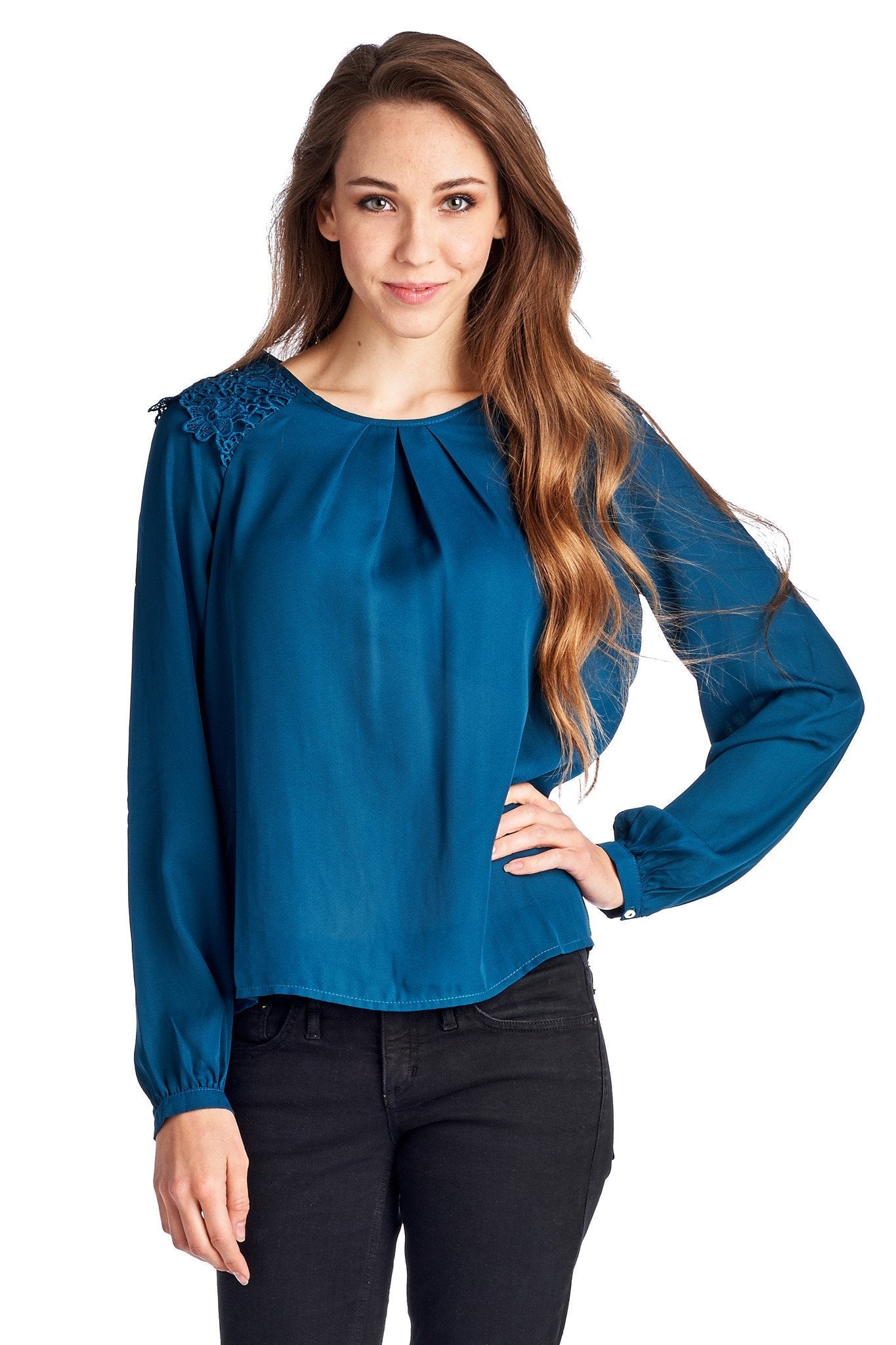 Women's Lace-Accent Pleated Scoop Neck Top Teal 1 Tops - Tophatter Daily Deals