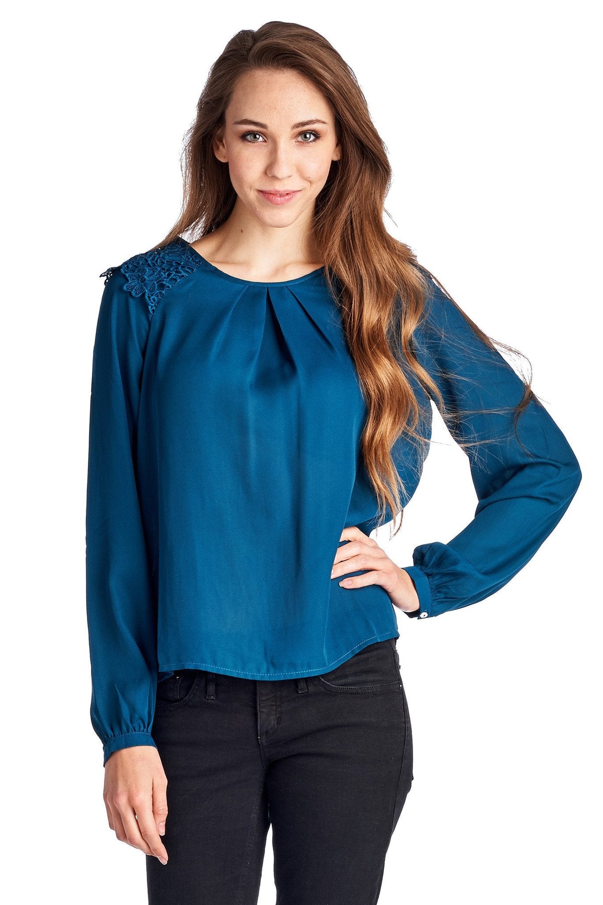 Women's Lace-Accent Pleated Scoop Neck Top Teal 1 Tops - Tophatter Daily Deals
