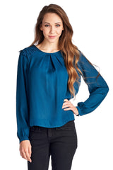Women's Lace-Accent Pleated Scoop Neck Top Teal 1 Tops - Tophatter Daily Deals